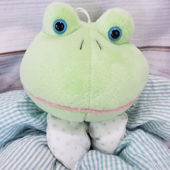 Russ Baby Froggles Green Frog Musical Crib Toy 10 Inch Seersucker Striped Velour - Picture 2 of 9